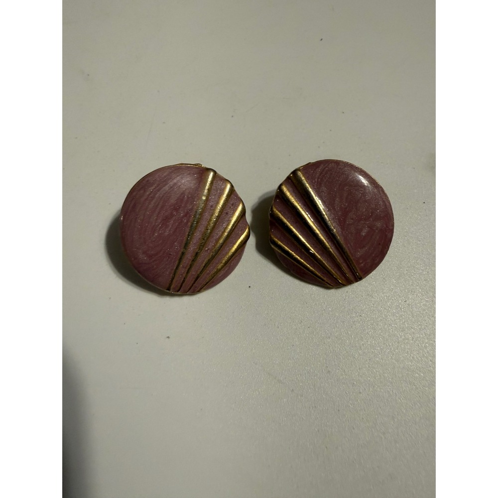 Vintage‎ Roman Gold Tone Mauve Enamel Art Deco Sunburst Button Post Earrings